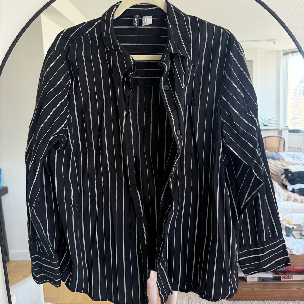 Divided Black Pinstripe Button-Down Top